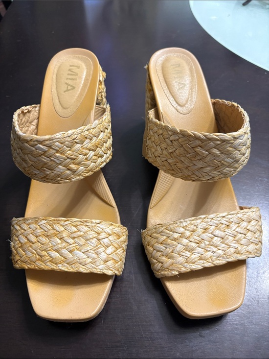 MIA Shoes - MIA Braided Straw Double-Strap Slide Sandals in Tan